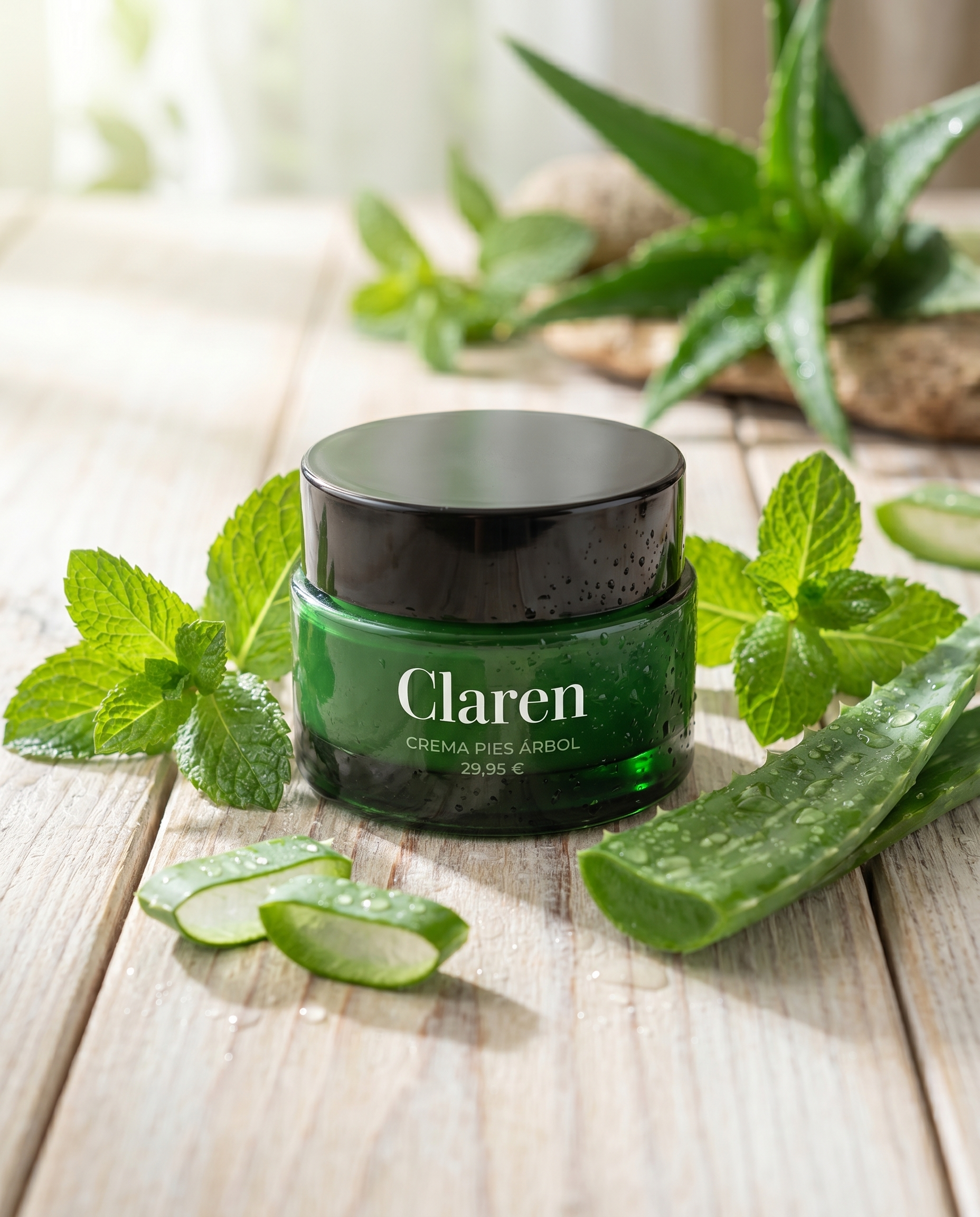 Crema Claren para pies sobre mesa de madera natural con hojas de menta y aloe vera