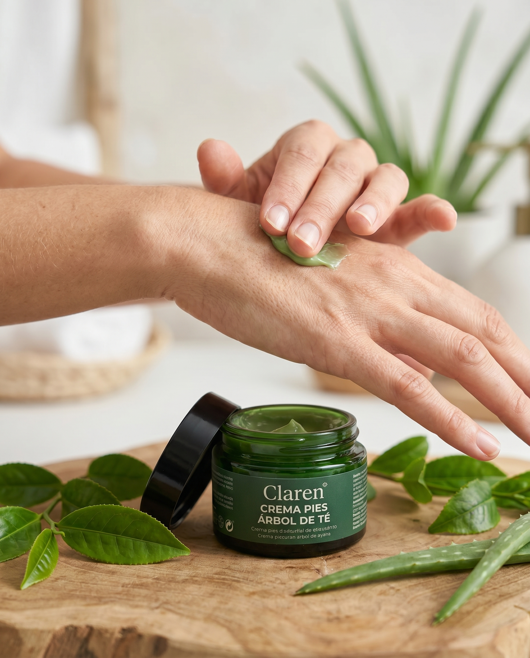 Aplicación de crema Claren para pies con ingredientes naturales alrededor