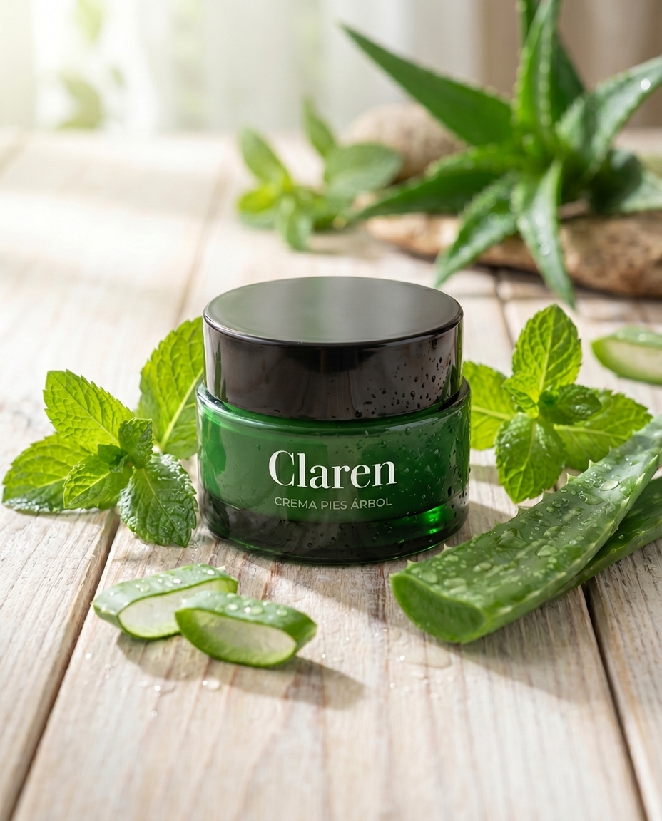 Crema Claren para pies sobre mesa de madera natural con hojas de menta y aloe vera