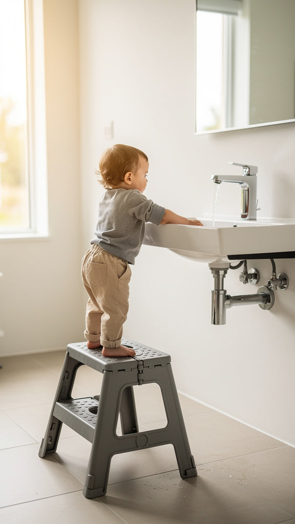 Niño usando el taburete Claren para llegar al lavabo