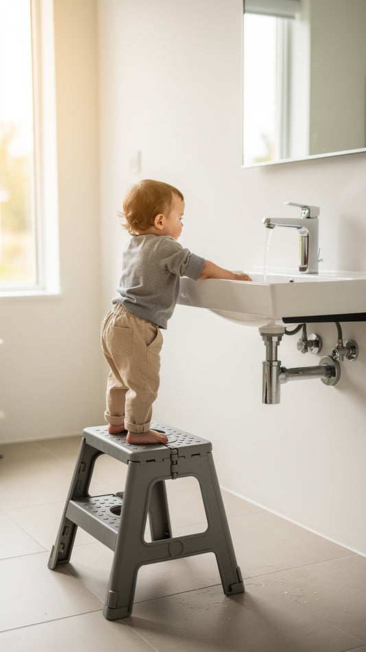 Niño usando el taburete Claren para llegar al lavabo